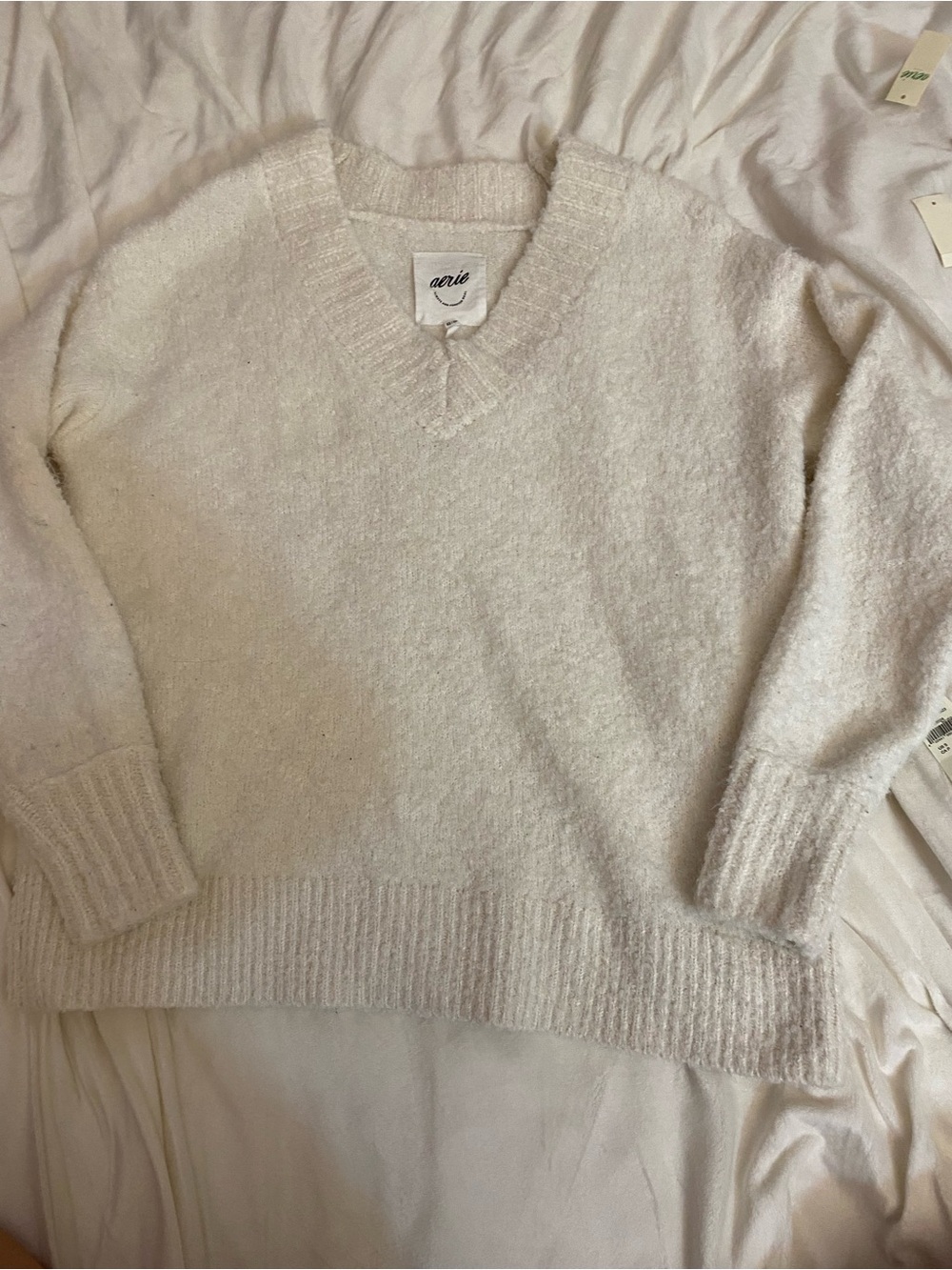 aerie Cream V-Neck Plush Sweater